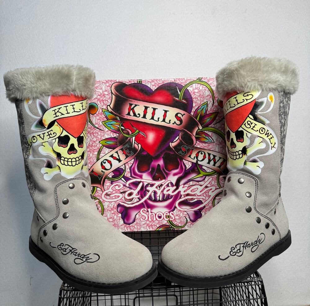 Ed Hardy Love Kills Slowly Grey Suede Fur Bootstrap Boots Y2K US 8